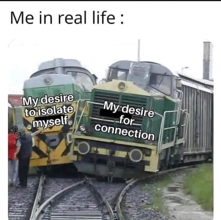 This meme is a humorous illustration of the conflicting desires of wanting to be alone and wanting to connect with others. The image depicts a train with two cars, one labeled "My desire to isolate myself" and the other "My desire for connection", which are both trying to move in opposite directions, causing the train to crash. The caption reads "Me in real life" implying that the struggle between these two desires is a common experience.